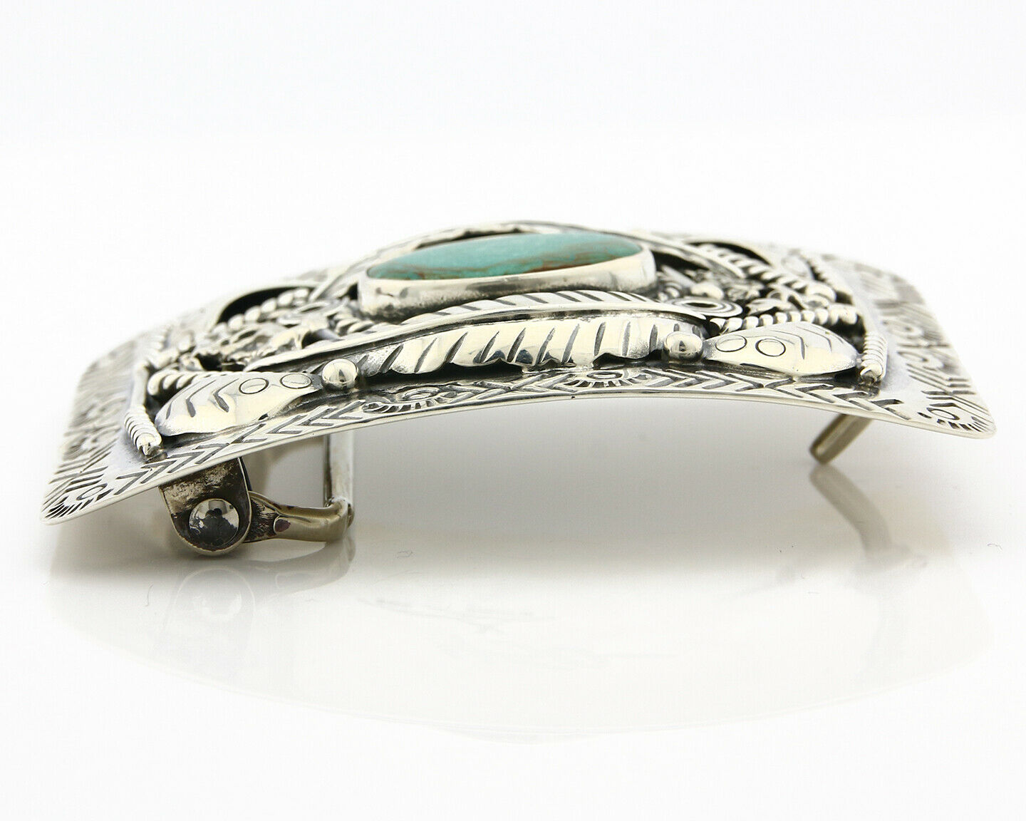 Navajo Belt Buckle .925 Silver Morenci Turquoise Artist Signed Tipi C.80's