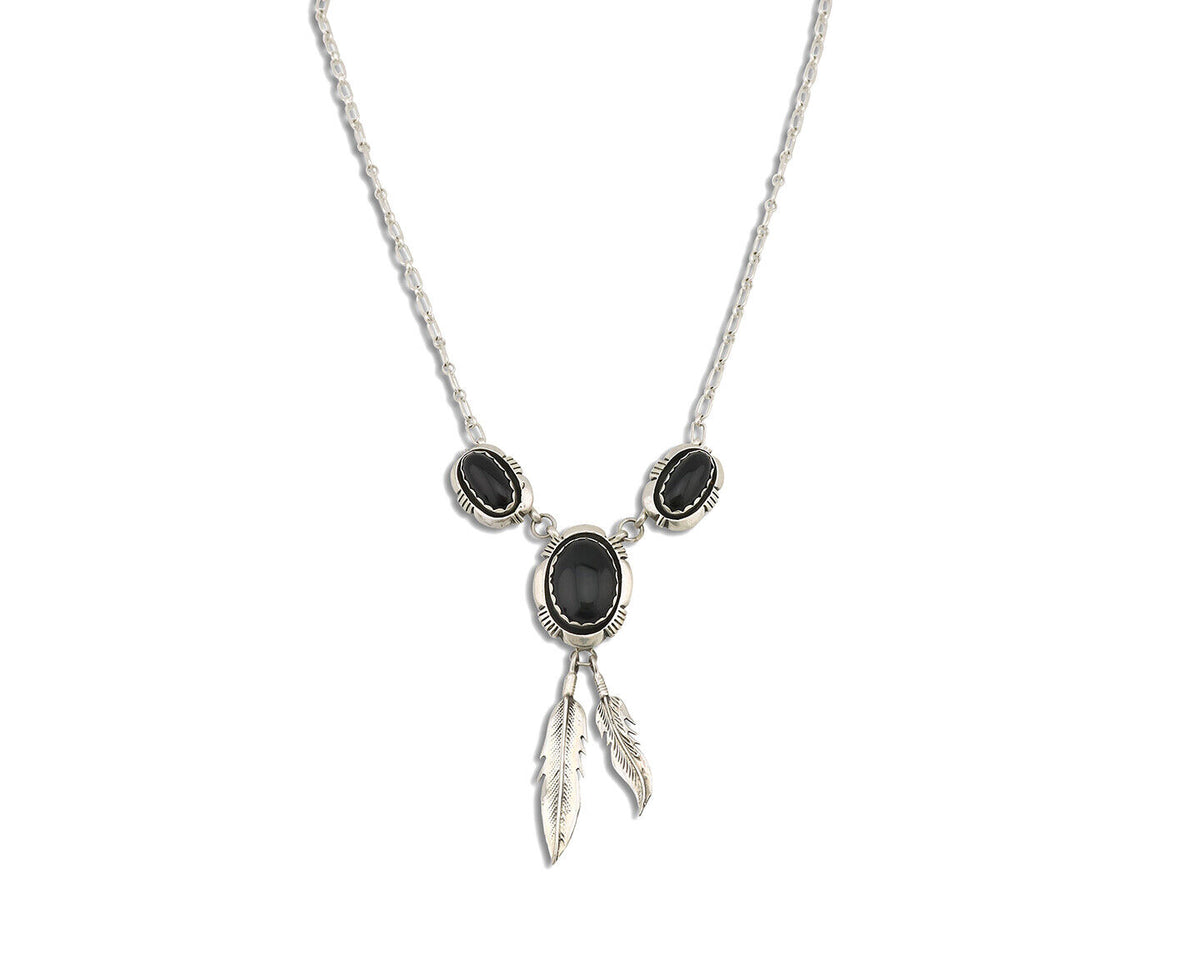 Navajo Necklace 925 Silver Black Onyx Signed Leonard & Marian Nez C.80's