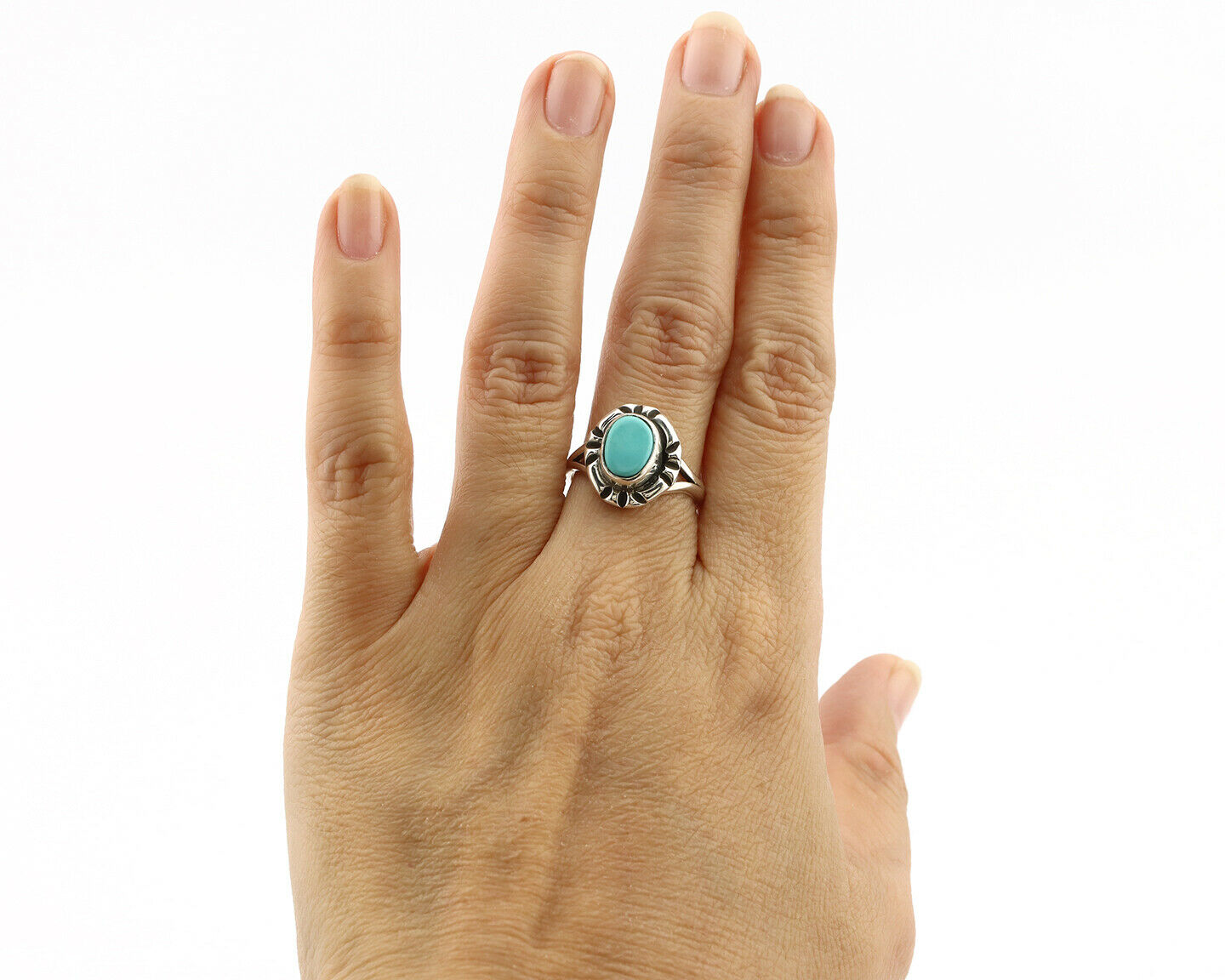 Navajo Ring .925 Silver Kingman Turquoise Artist Signed Gecko C.90's