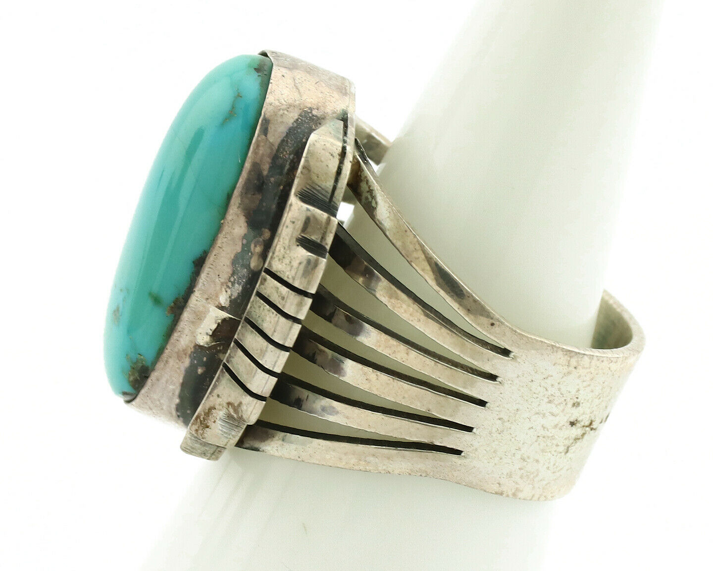 Navajo Ring .925 Silver Kingman Turquoise Signed Harold Becenti C.1980's
