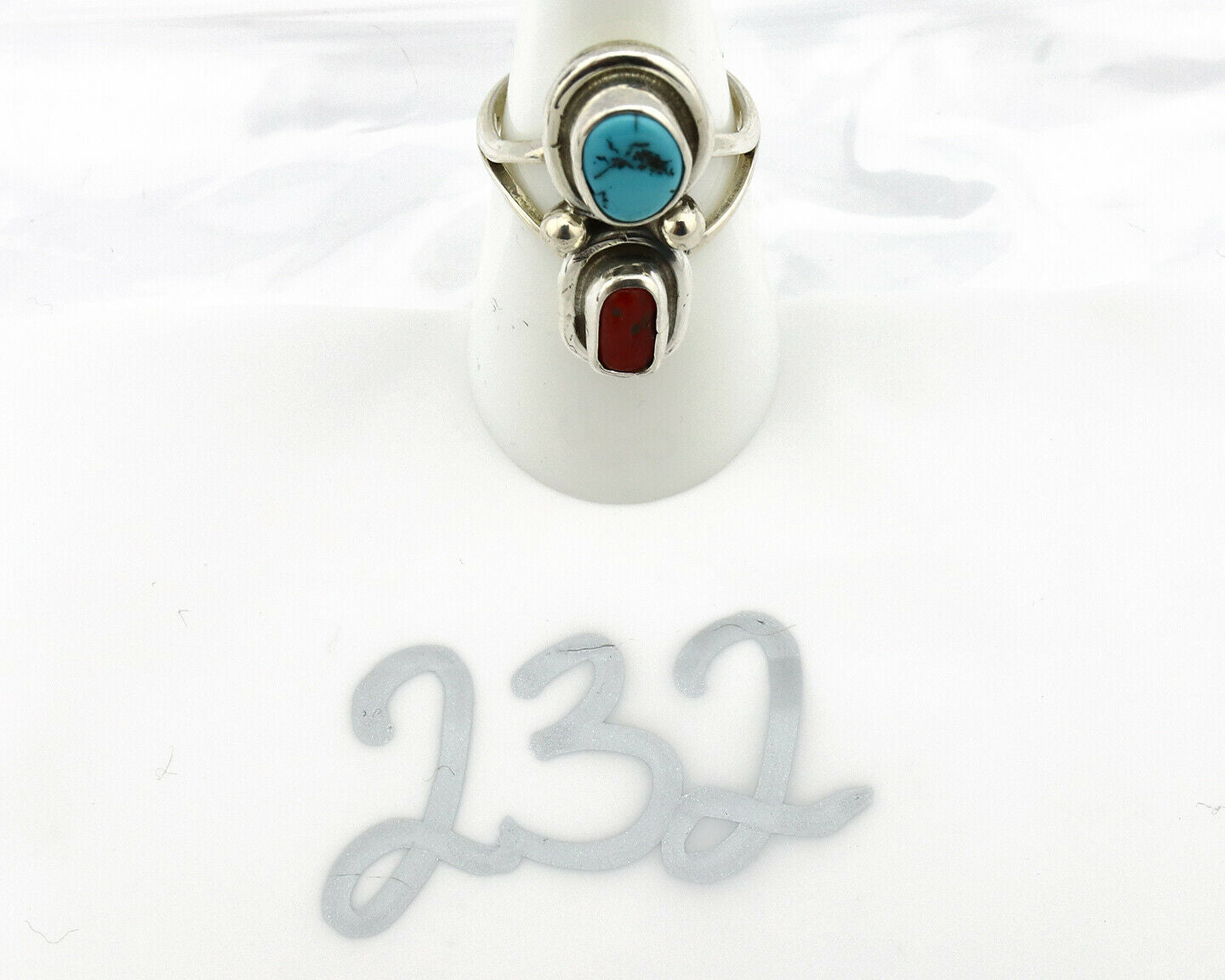 Navajo Ring .925 Silver Red Coral & Blue Turquoise Native Artist C.80's