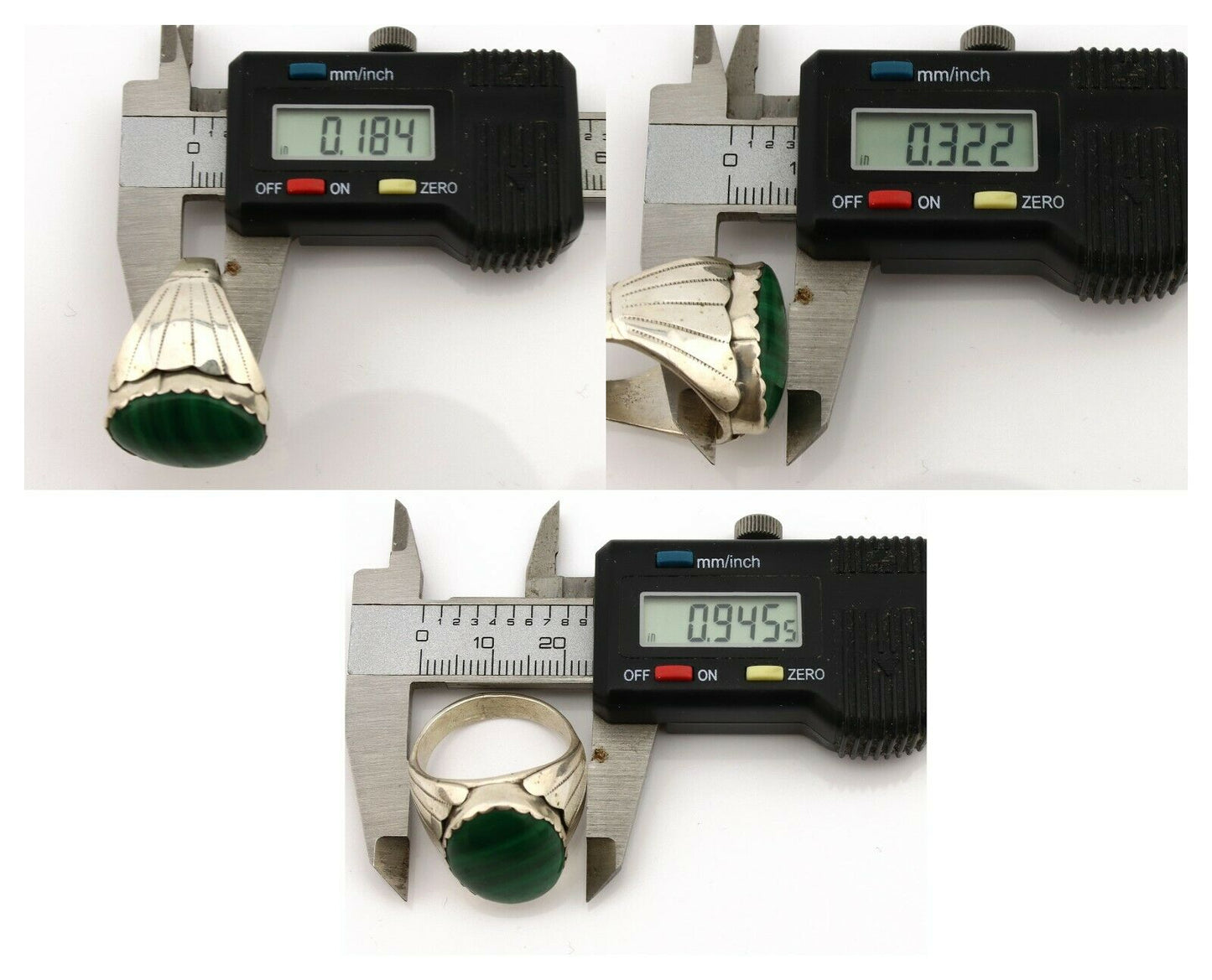 Navajo Ring .925 Silver Natural Green Malachite Artist Signed DL C.1980's