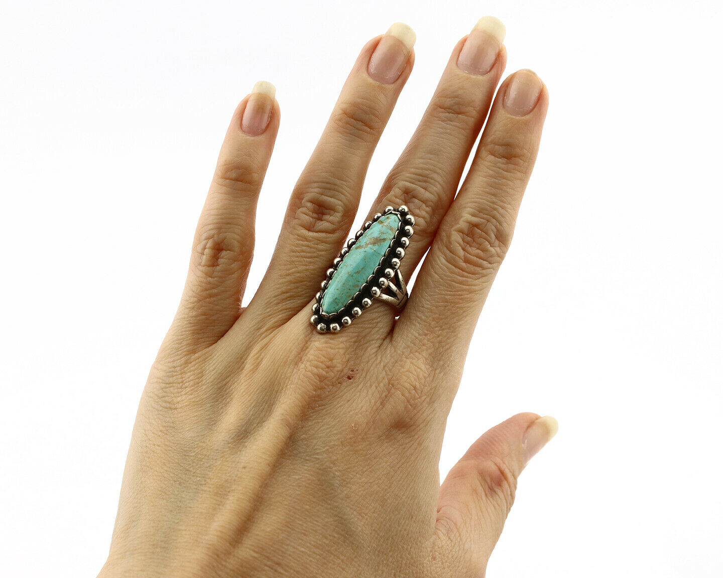 Navajo Ring .925 Silver Kingman Turquoise Signed Artist Sunbell C.80's