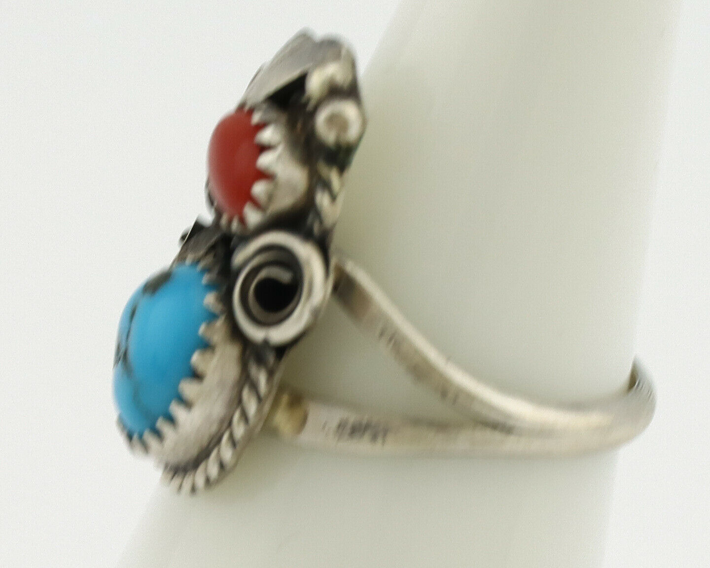 Navajo Ring .925 Silver Morenci Turquoise & Coral Native Artist Signed JM C.80's