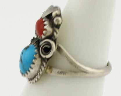 Navajo Ring .925 Silver Morenci Turquoise & Coral Native Artist Signed JM C.80's