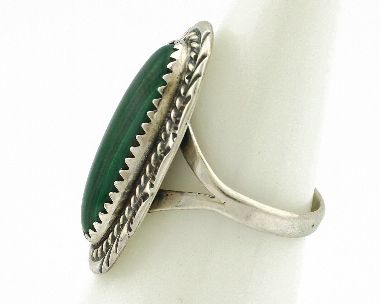 Navajo Ring 925 Silver Natural Green Malachite Signed Justin Morris C.80's