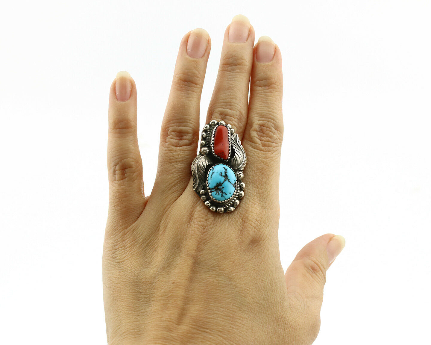 Navajo Ring .925 Silver Turquoise & Coral Artist Signed Thomas Singer C.80's