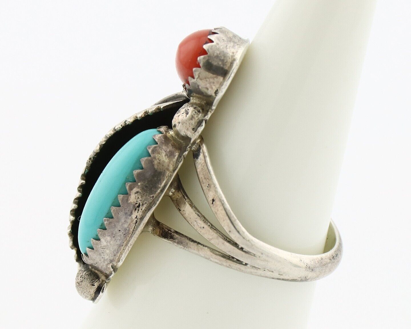 Navajo Handmade Ring 925 Silver Turquiose & Coral Native American Artist C.80's