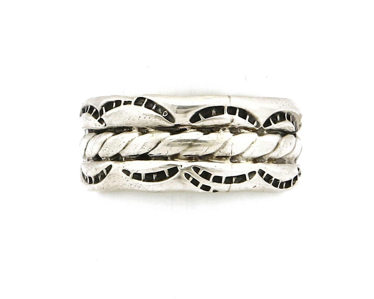 Navajo Ring .925 Silver Handmade Hand Stamped 3 Row Rope Band C.1980's Size 8.0