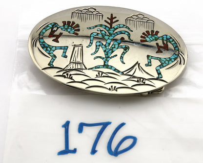 Navajo Belt Buckle .999 Nickle Silver Turquoise Coral Signed SD C.80's