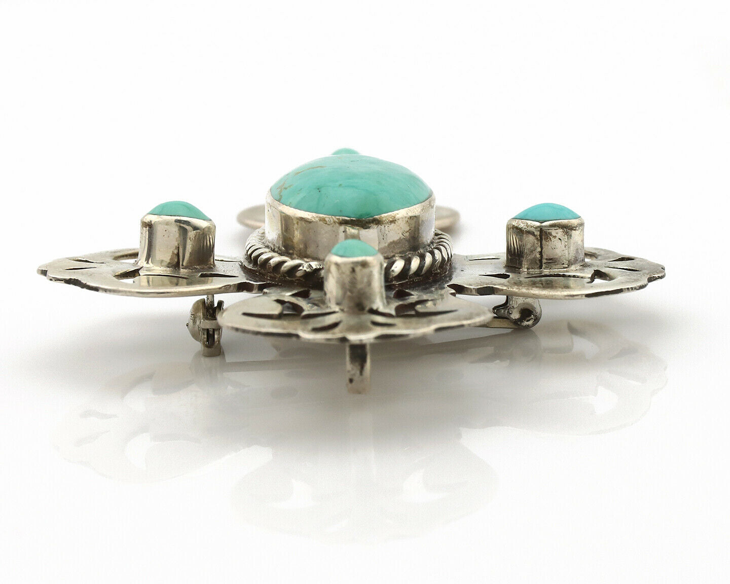 Navajo Cross Pin Necklace .925 Silver Kingman Turquoise Signed EY C.80's