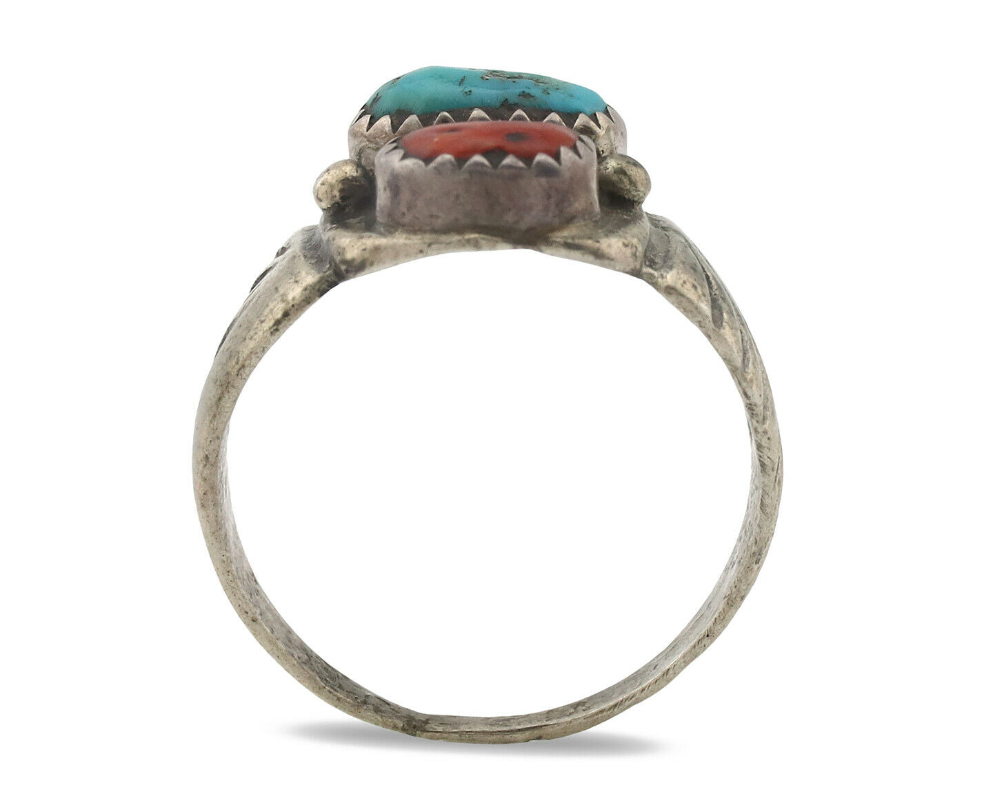 Zuni Ring .925 Silver Natural Turquoise & Coral Native American Artist C.1980's