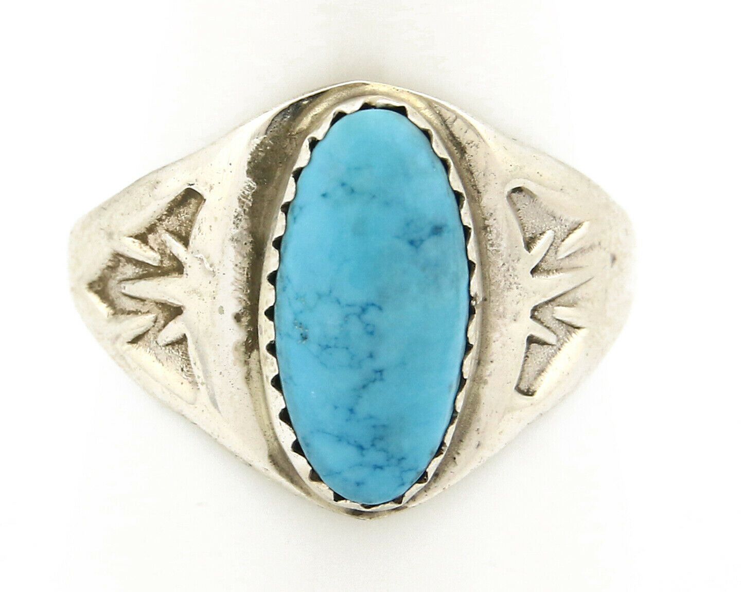 Zuni Ring .925 Silver Kingman Turquoise Hand Stamped Native American C.80's