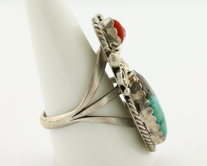 Navajo Ring 925 Silver Blue Turquiose & Coral Artist Signed Justin Morris C.80's