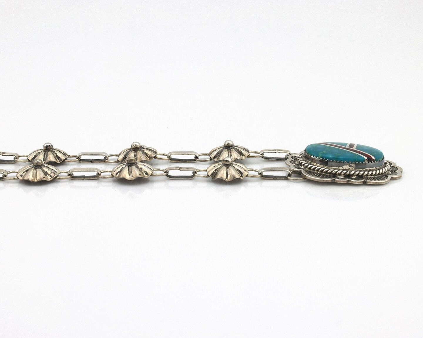 Navajo Necklace 925 Silver Blue Gem Turquoise, Onyx, Coral Signed M Begay C.80's