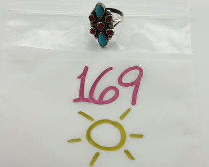 Navajo Ring 925 Silver Turquoise & Coral Handmade Native American Artist C.1980s