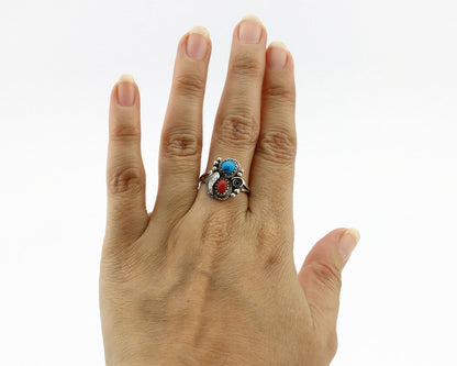 Navajo Ring .925 Silver Morenci Turquoise & Coral Native Artist Signed JM C.80's