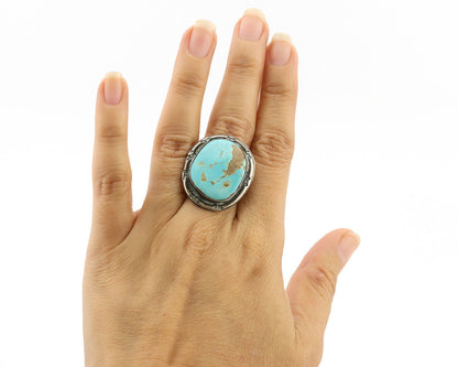 Navajo Ring .925 Silver Globe Turquoise Native American Artist C.1980's