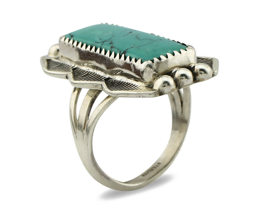 Navajo Ring .925 Silver Natural Uncolored Green Turquoise Signed Apache C.80's