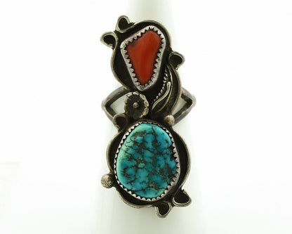 Navajo Ring .925 Silver Turquoise & Coral Native American Artist C.1980's