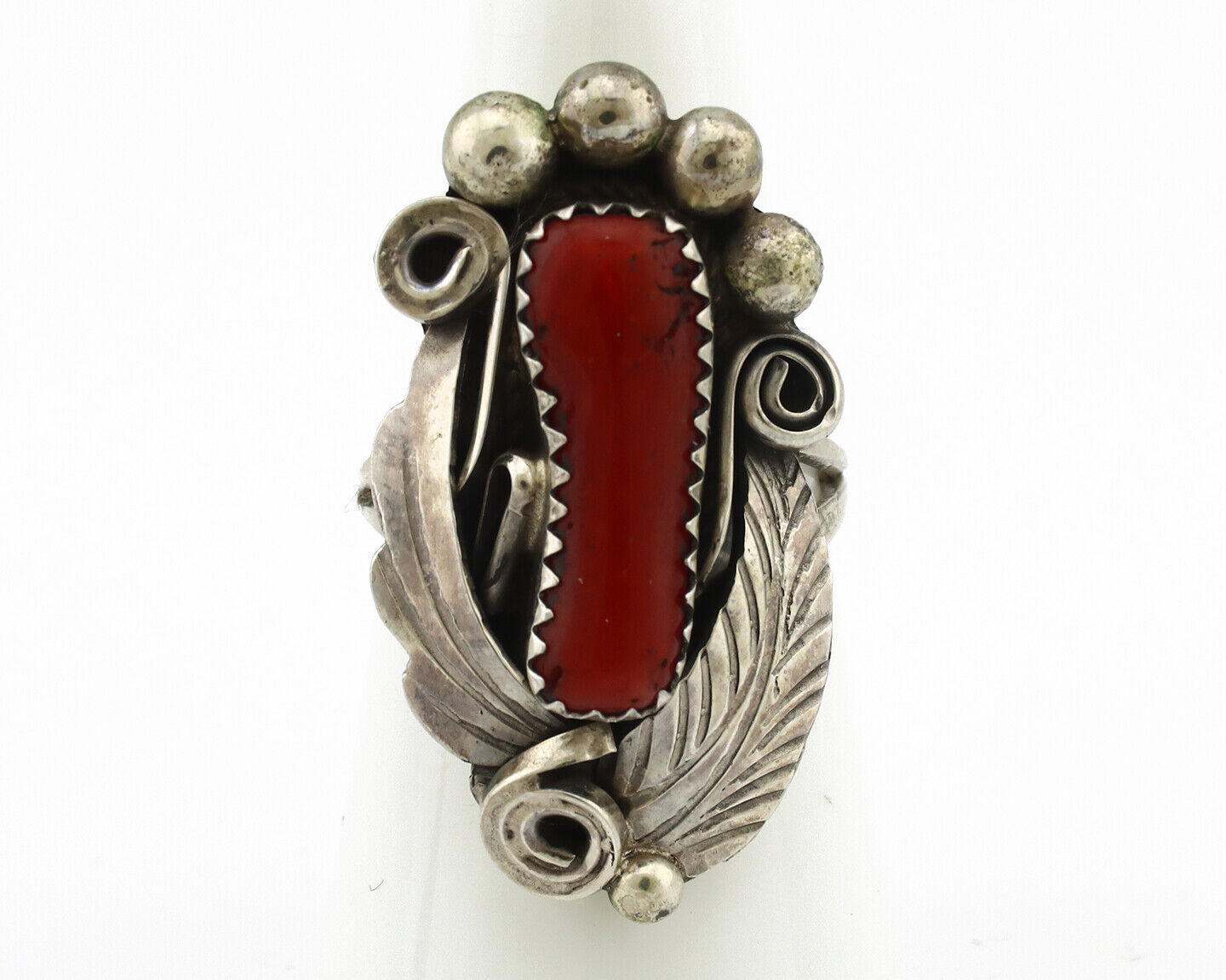 Navajo Ring 925 Silver Mediterranean Coral Artist Signed Justin Morris C.80's