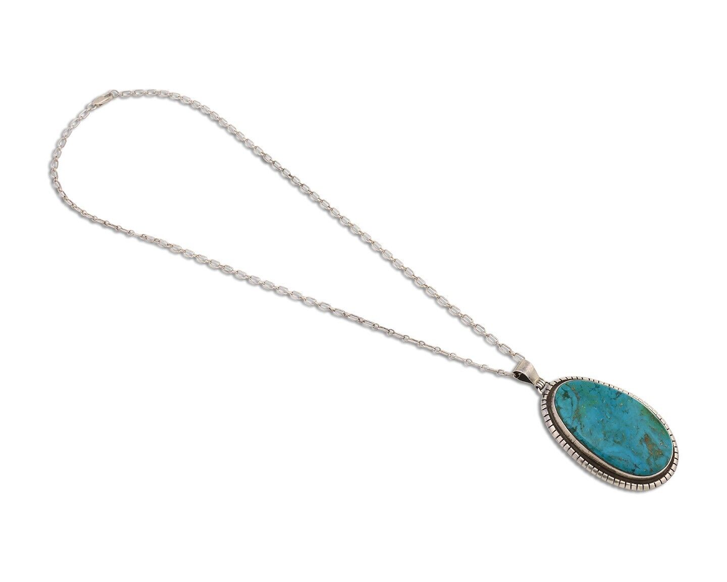 Navajo Necklace 925 Silver Natural Whole Slab Turquoise Signed Pictograph C.80's