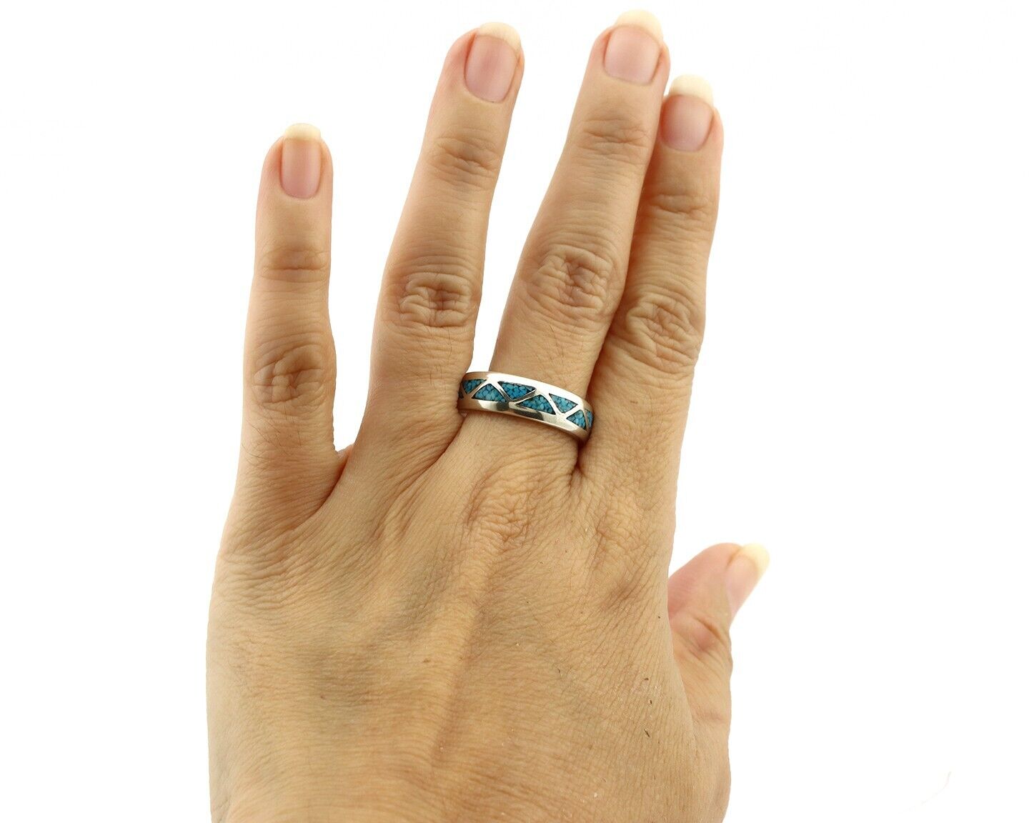Navajo Chip Inlay Ring 925 Silver Sleeping Beauty Turquoise Artist Silver Cloud