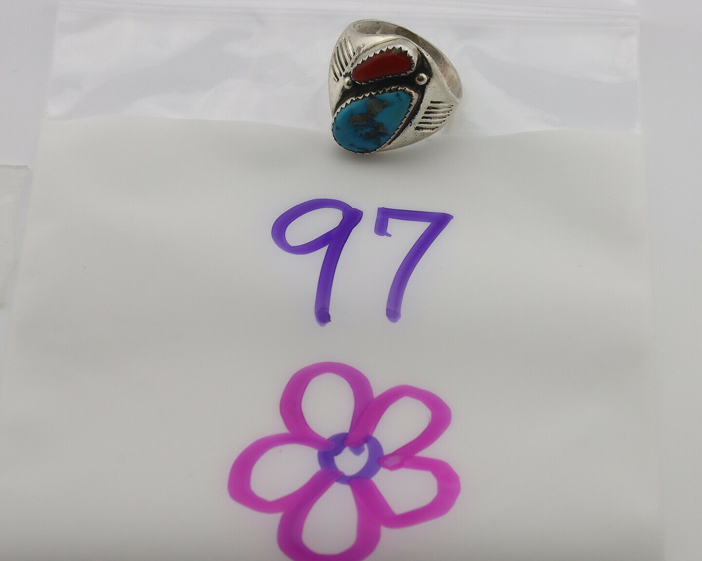 Zuni Ring .925 Silver Natural Turquoise & Coral Native American Artist C.1980's