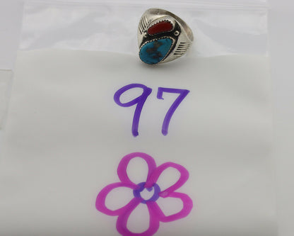 Zuni Ring .925 Silver Natural Turquoise & Coral Native American Artist C.1980's