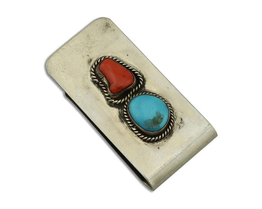 Navajo Money Clip 925 Silver & 999 Nickel Natural Turquoise & Coral Artist C80