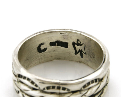 Navajo Ring .925 Silver Handmade Hand Stamped 3 Row Rope Band C.1980's Size 10.2