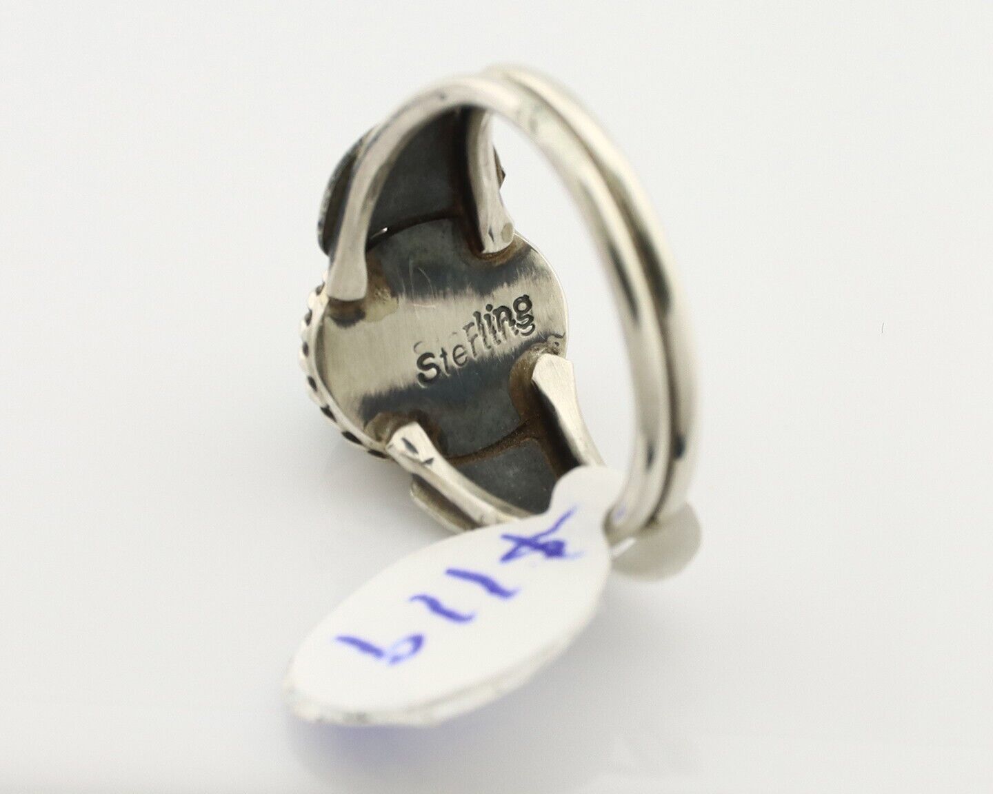 Navajo Ring .925 Silver Malachite Hand Stamped Native American Artist C.80's