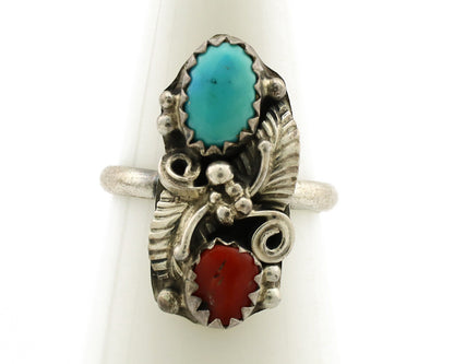 Navajo Ring 925 Silver Turquoise & Coral Artist Signed Native American C.80s