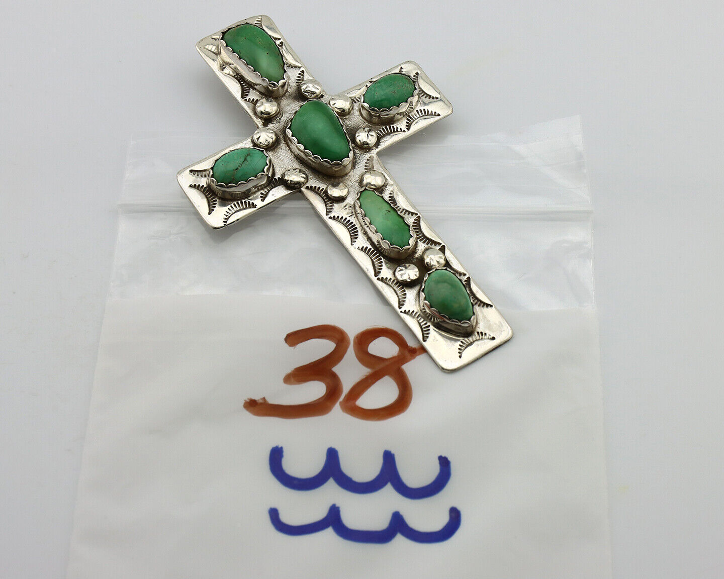 Navajo Cross Necklace 925 Silver Royston Turquoise Artist Signed JO C.80's