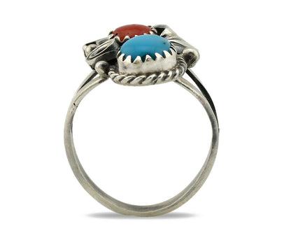 Navajo Ring .925 Silver Turquoise & Coral Artist Signed J Morris C.80's
