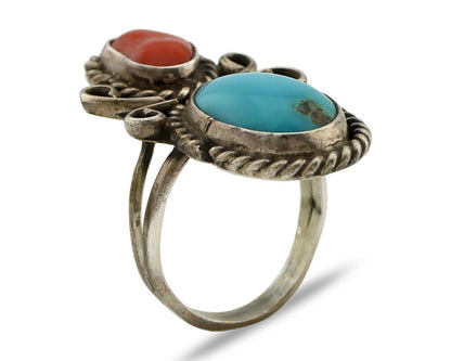 Navajo Ring 925 Silver Blue Turquiose & Mediterranean Coral Native Artist C.80's