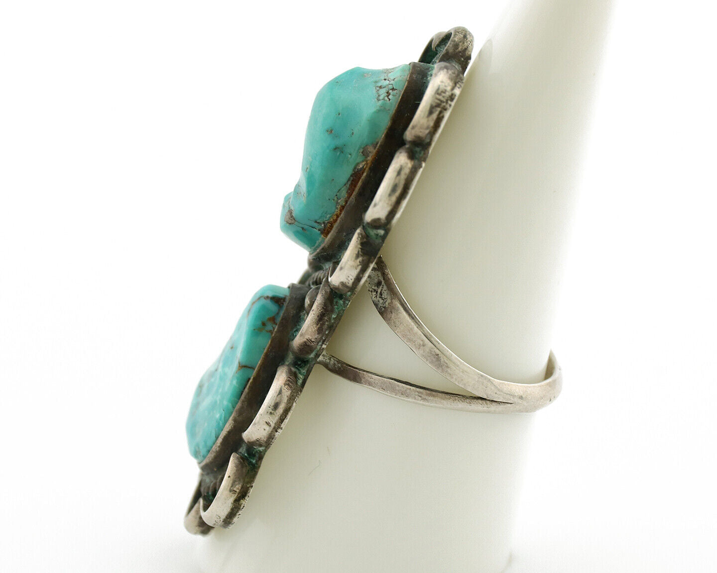 Navajo Ring .925 Silver Globe Turquoise Hand Stamped Native American Artist C80s
