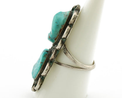 Navajo Ring .925 Silver Globe Turquoise Hand Stamped Native American Artist C80s