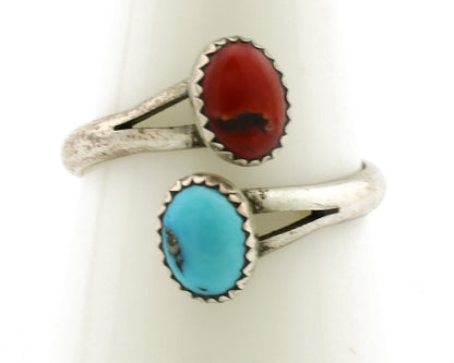Navajo Ring 925 Silver Coral & Turquoise Handmade Native American Artist C.1980s