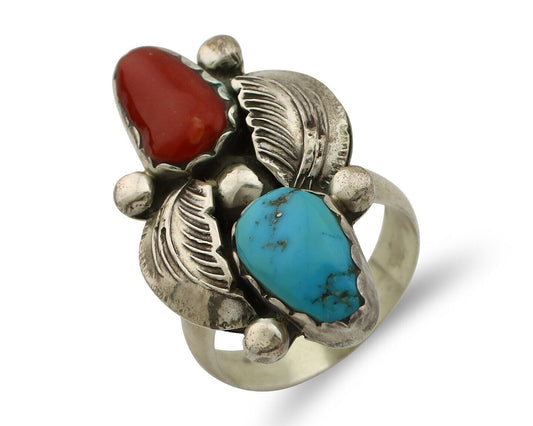 Navajo Ring 925 Silver Blue Turquiose & Mediterranean Coral Native Artist C.80's