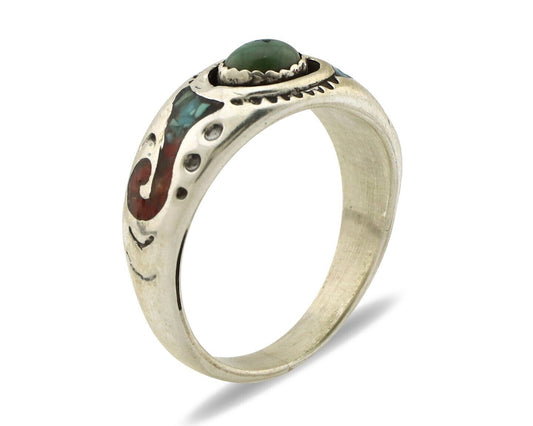 Navajo Handmade Ring 925 Silver Blue Turquoise & Coral Native American C.80's