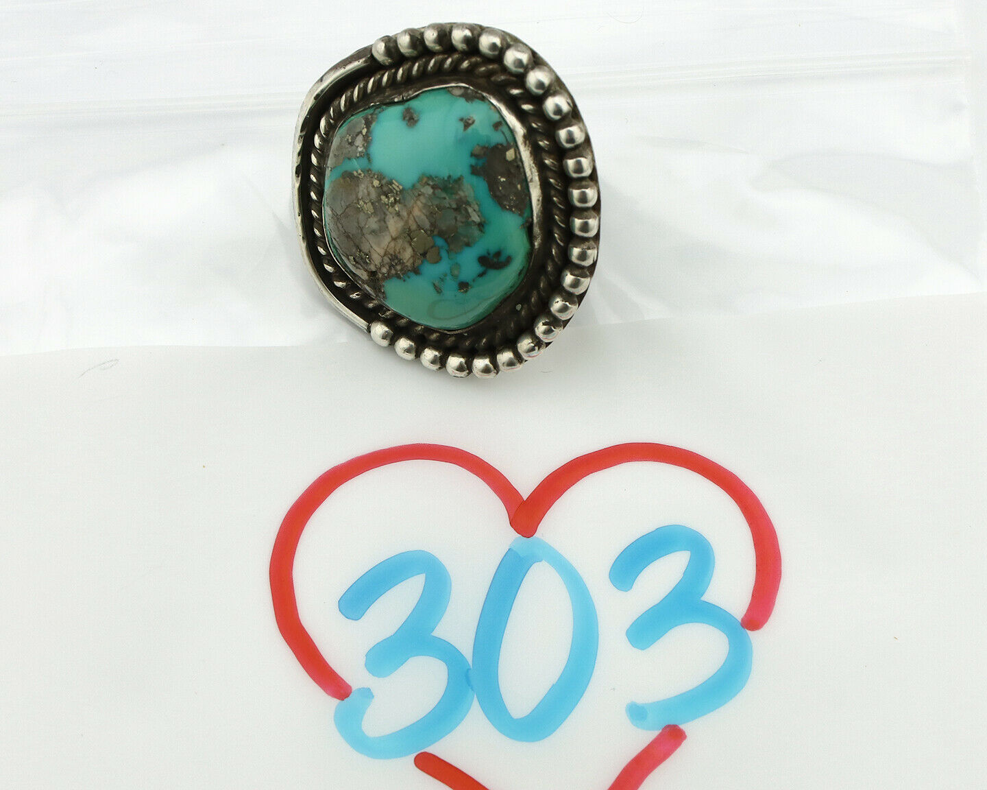 Navajo Ring .925 Silver Morenci Turquoise Native American Artist C.80's