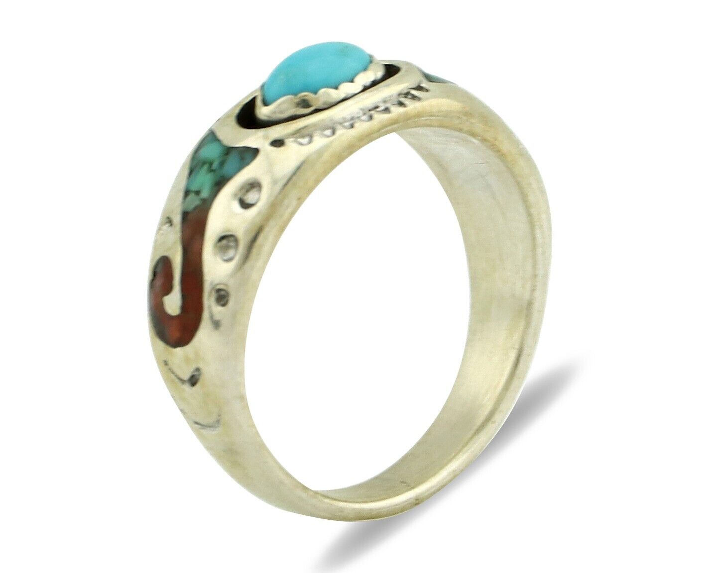 Navajo Handmade Ring 925 Silver Blue Turquoise & Coral Native American C.80's