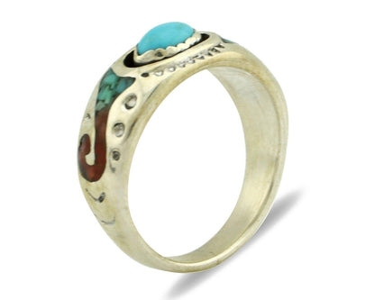 Navajo Handmade Ring 925 Silver Blue Turquoise & Coral Native American C.80's