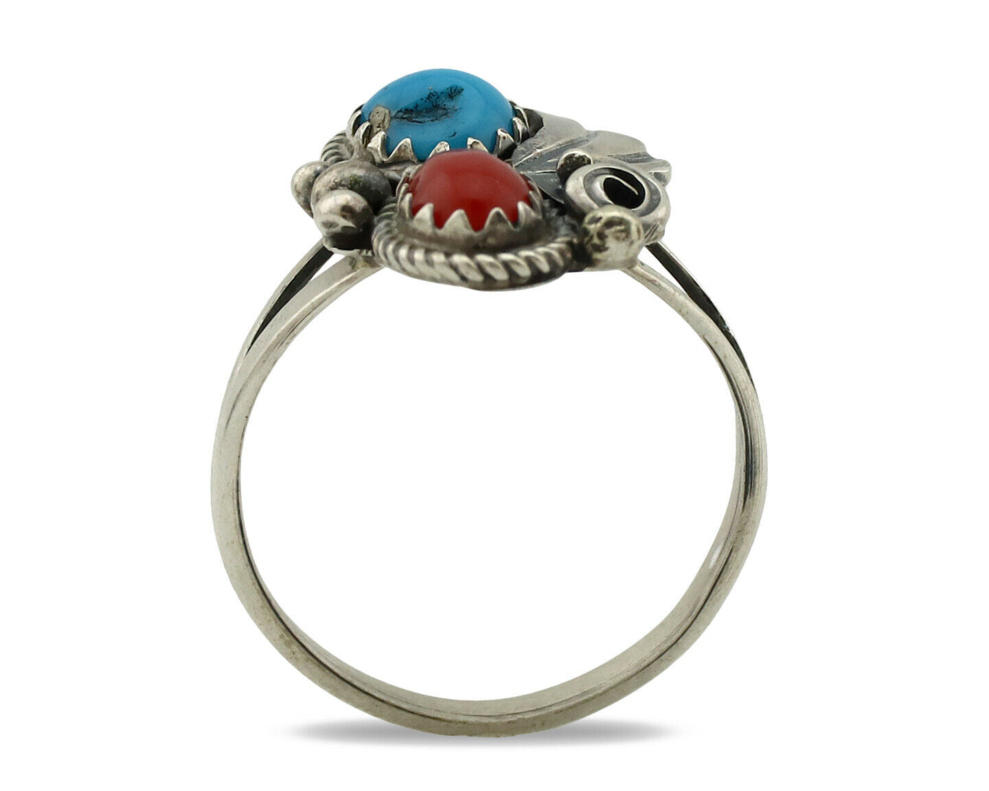 Navajo Ring .925 Silver Morenci Turquoise & Coral Native Artist Signed JM C.80's