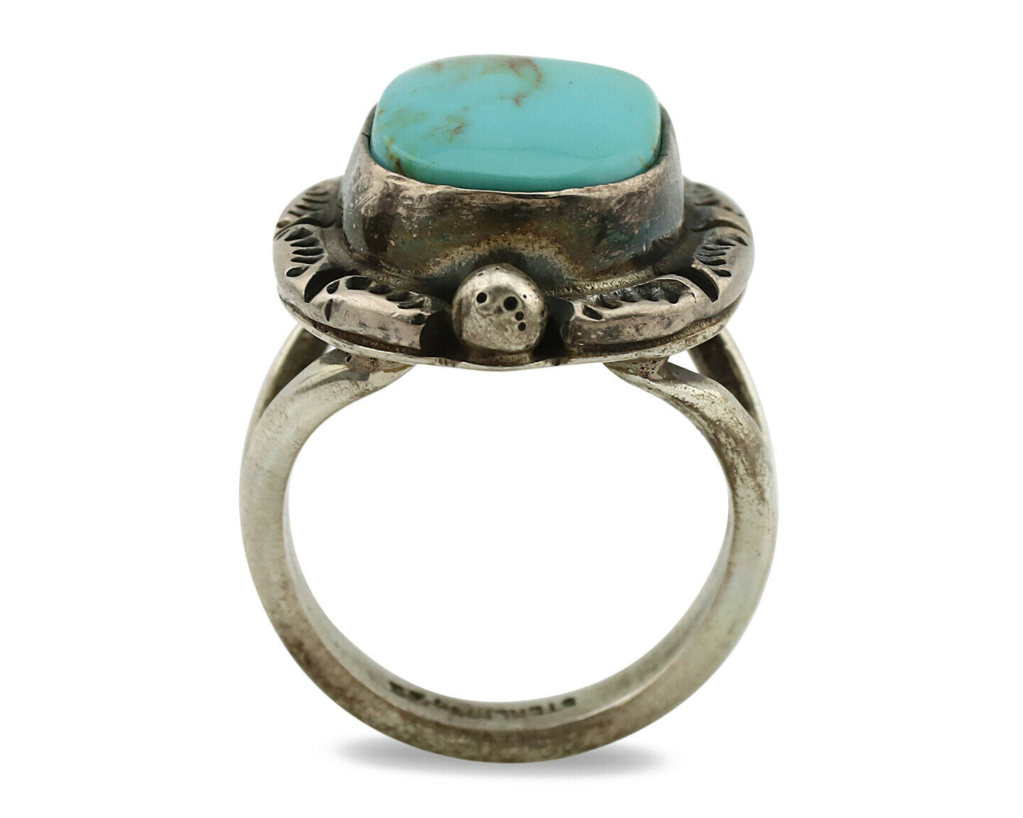Navajo Ring .925 Silver Kingman Turquoise Artist Signed Gecko C.1980's