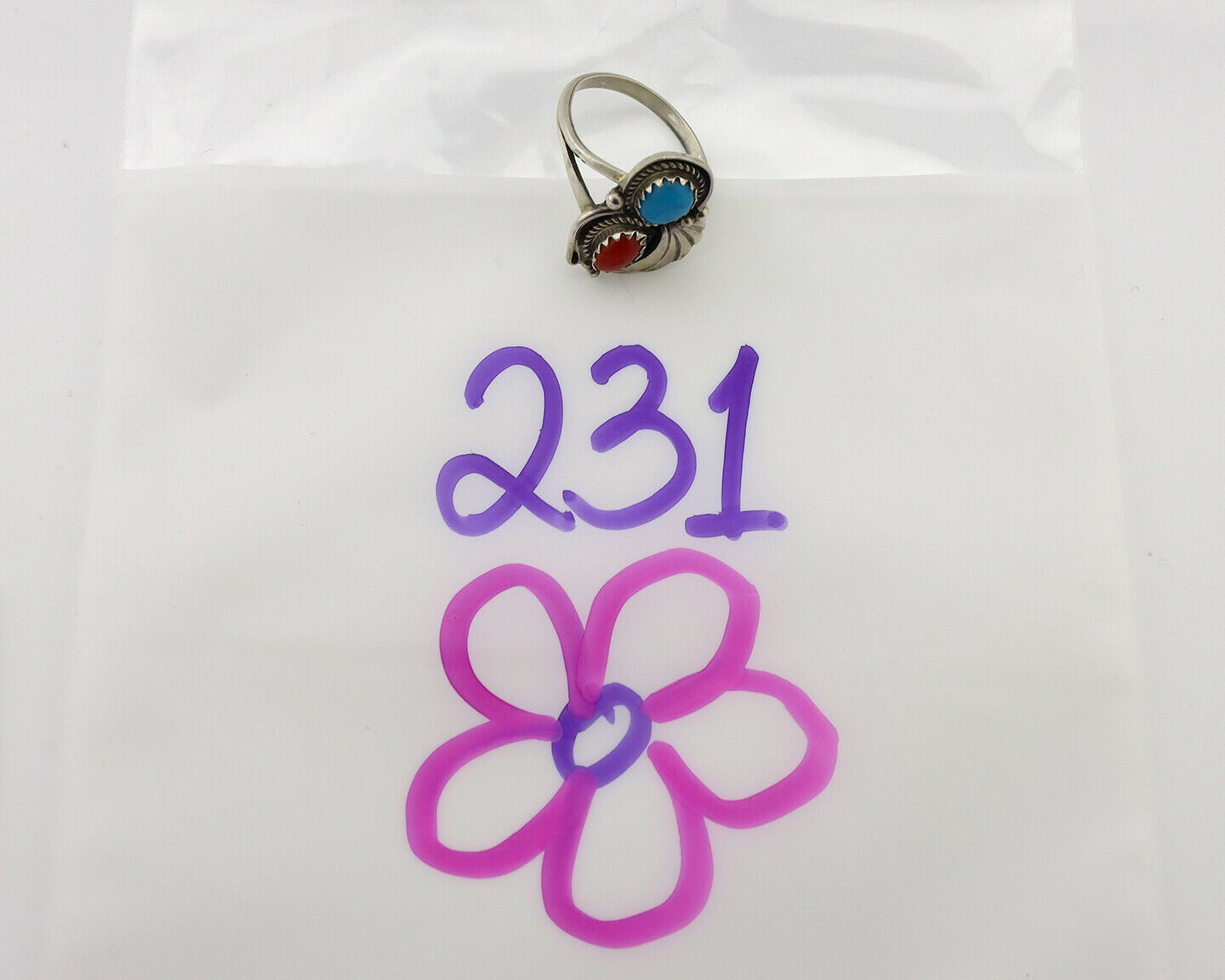Navajo Ring .925 Silver Morenci Turquoise & Coral Native Artist Signed JM C.80's