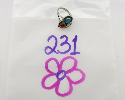 Navajo Ring .925 Silver Morenci Turquoise & Coral Native Artist Signed JM C.80's