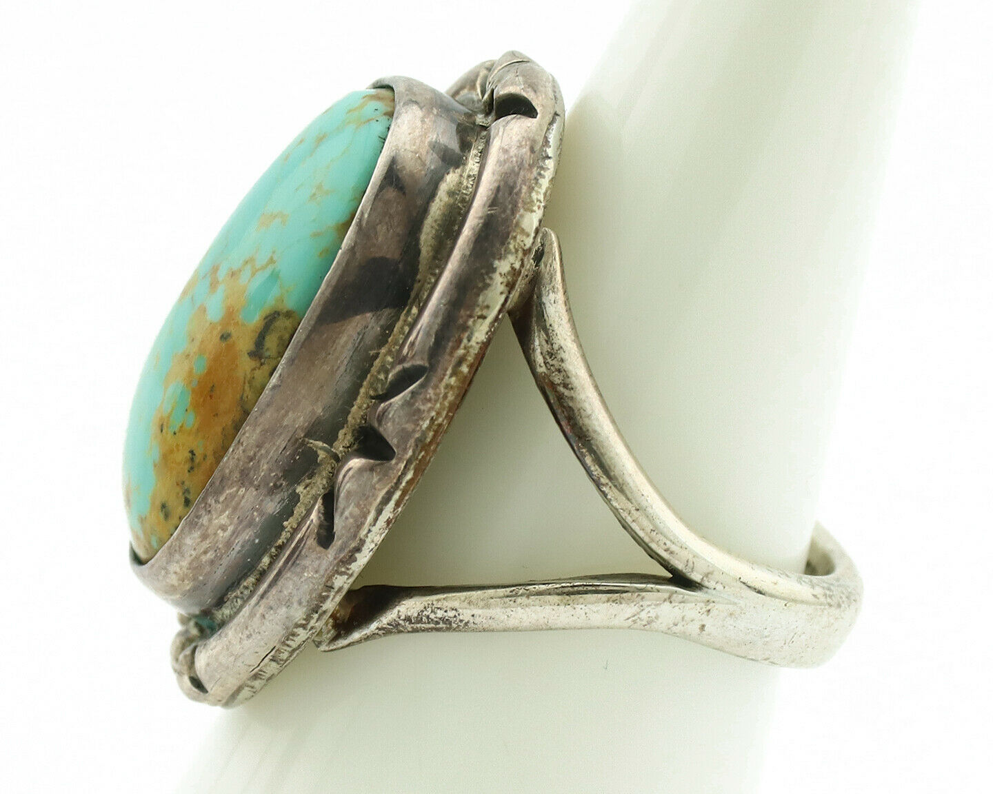 Navajo Ring .925 Silver Kingman Turquoise Artist Signed Gecko C.1980's