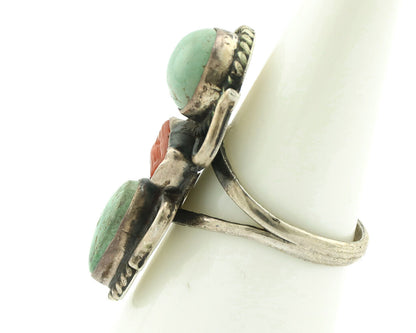 Navajo Ring 925 Silver Coral & Globe Turquoise Native American Artist C.80's